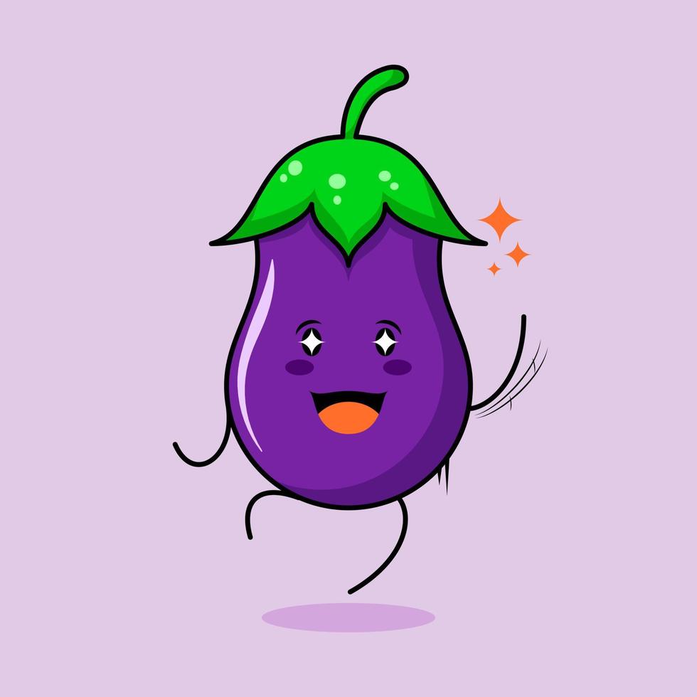 lindo personaje de berenjena con sonrisa y expresión feliz, salto, una mano arriba, boca abierta y ojos brillantes. verde y morado. adecuado para emoticonos, logotipos, mascotas e iconos vector