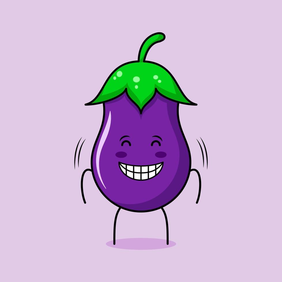 lindo personaje de berenjena con sonrisa y expresión feliz, ojos cerrados y sonriente. verde y morado. adecuado para emoticonos, logotipos, mascotas e iconos vector