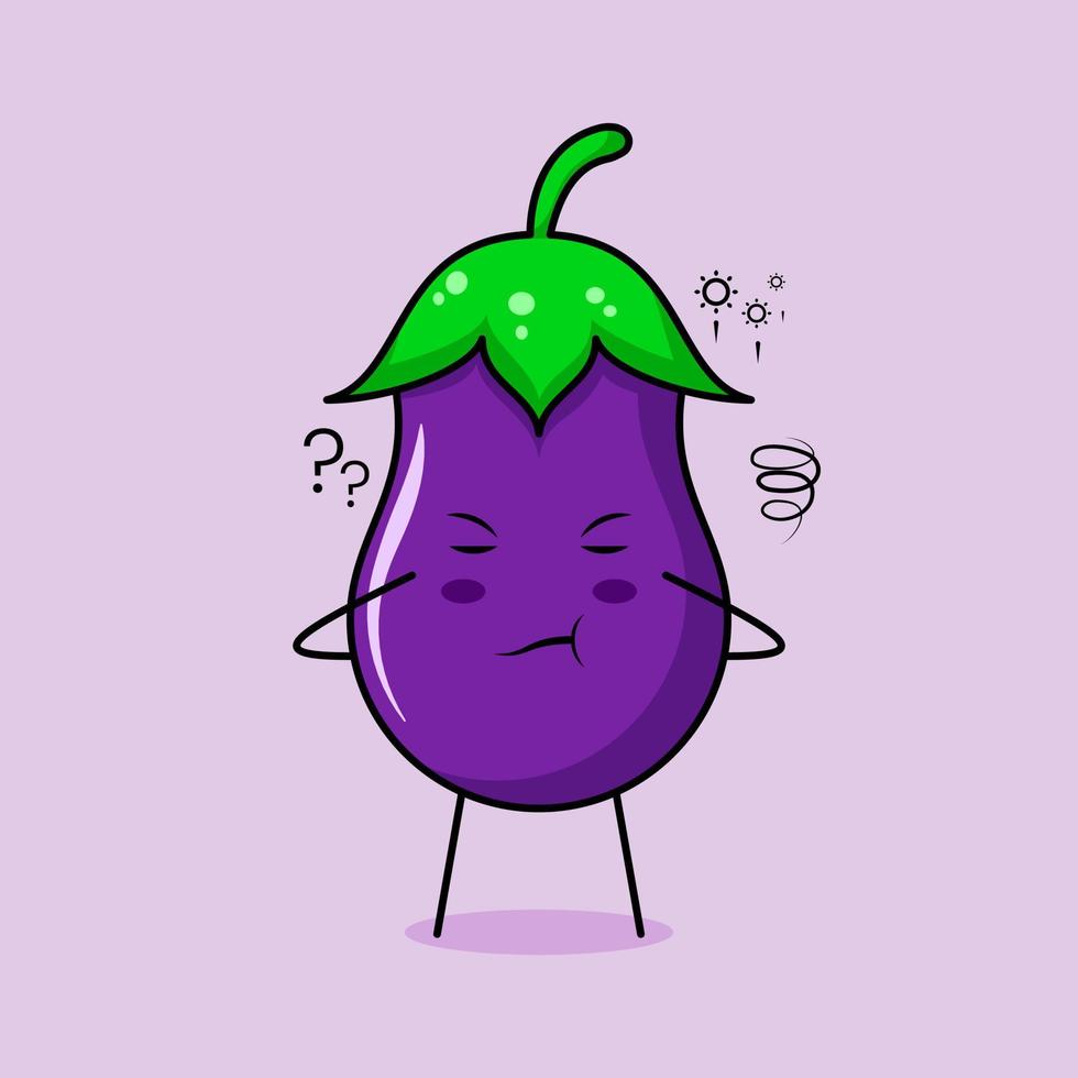 cute eggplant character with thinking expression, close eyes and two hands on head. green and purple. suitable for emoticon, logo, mascot vector