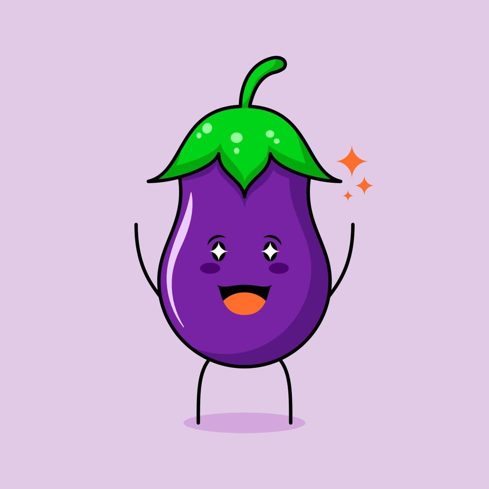 cute eggplant character with smile and happy expression, two hands up, mouth open and sparkling eyes. green and purple. suitable for emoticon, logo, mascot and icon vector