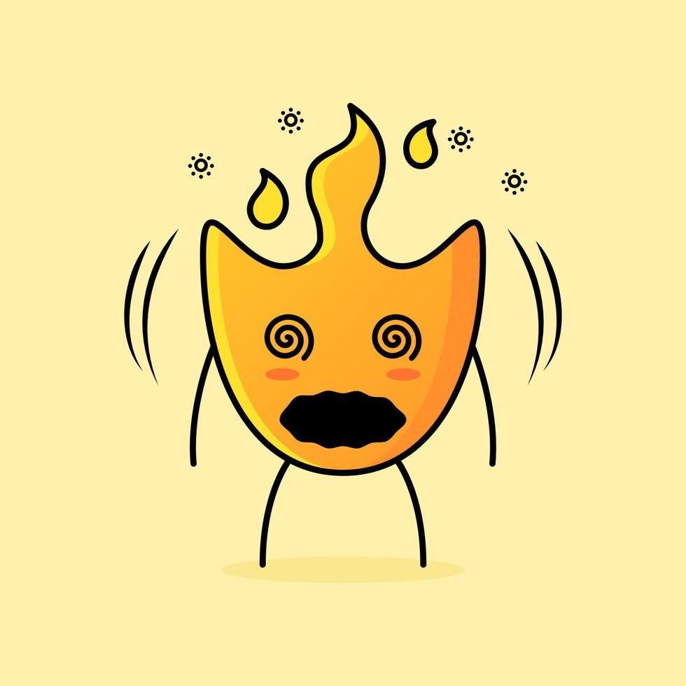 linda caricatura de fuego con expresión mareada. boca abierta y los ojos en blanco. adecuado para logotipos, iconos, símbolos o mascotas vector