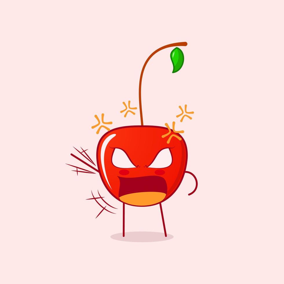 lindo personaje de dibujos animados de cereza con expresión muy enojada. boca abierta, temblor de manos y ojos saltones. rojo y verde. adecuado para logotipos, iconos, símbolos o mascotas vector