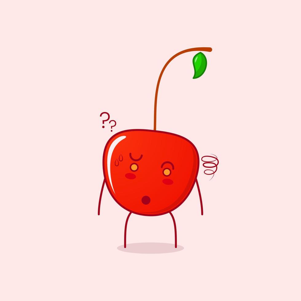 lindo personaje de dibujos animados de cereza con expresión confusa. rojo y verde. adecuado para emoticonos, logotipos, mascotas y símbolos vector