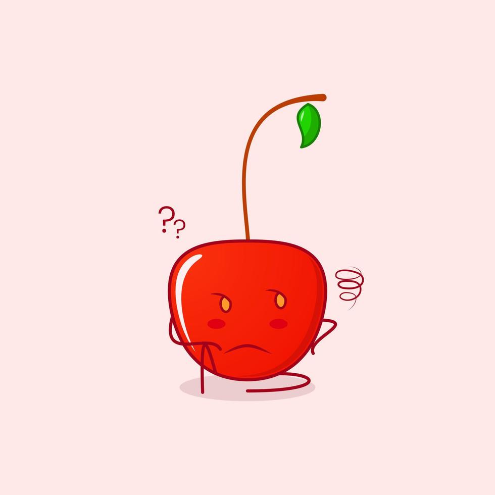 cute cherry cartoon character with thinking expression and sit down. red and green. suitable for emoticon, logo, mascot and symbol vector