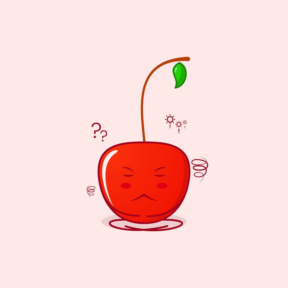 lindo personaje de dibujos animados de cereza con expresión de pensamiento, cerrar los ojos y sentarse con las piernas cruzadas. rojo y verde. adecuado para emoticonos, logotipos, mascotas y símbolos vector