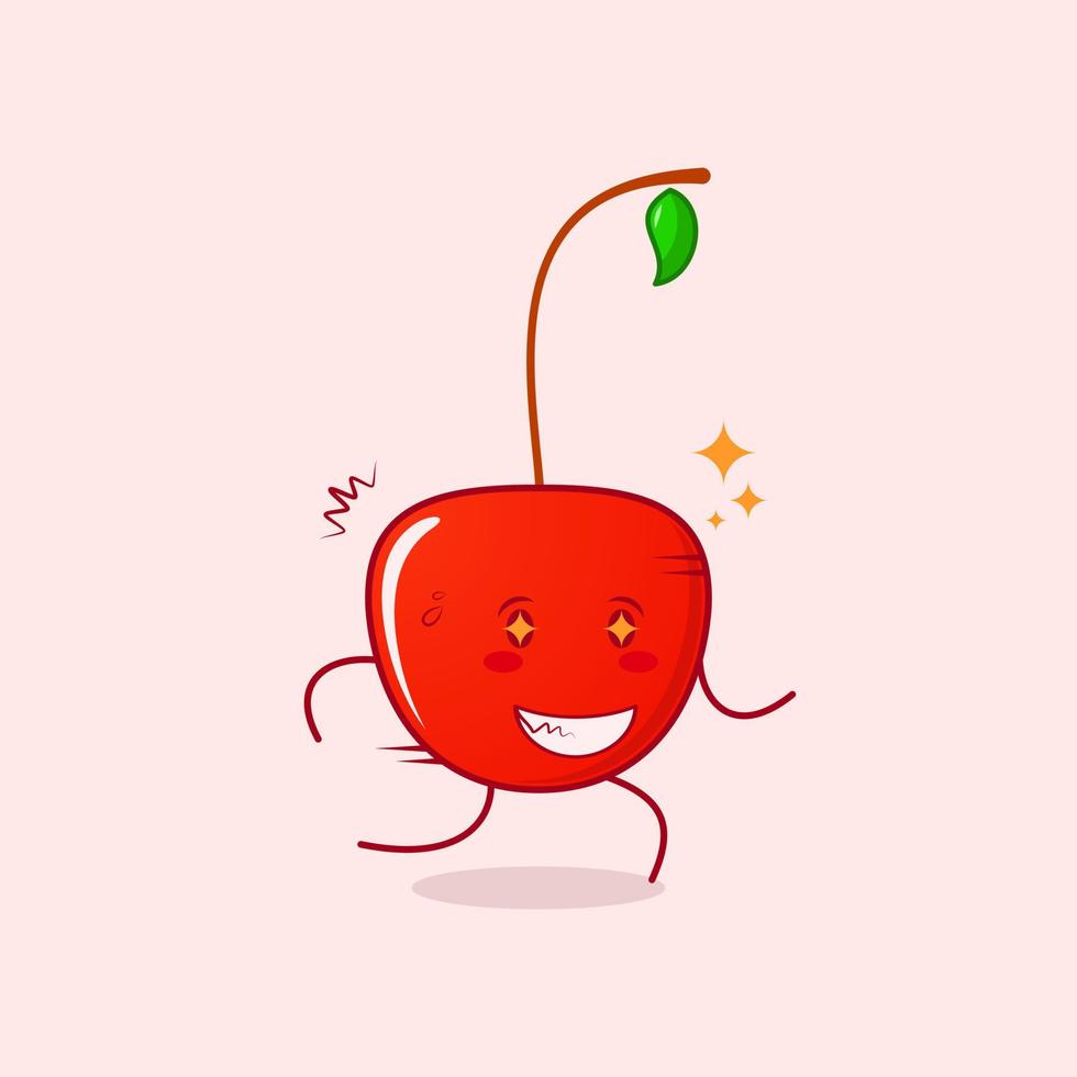 lindo personaje de dibujos animados de cereza con expresión feliz, ojos brillantes, correr y sonreír. verde y rojo. adecuado para emoticonos, logotipos, mascotas e iconos vector