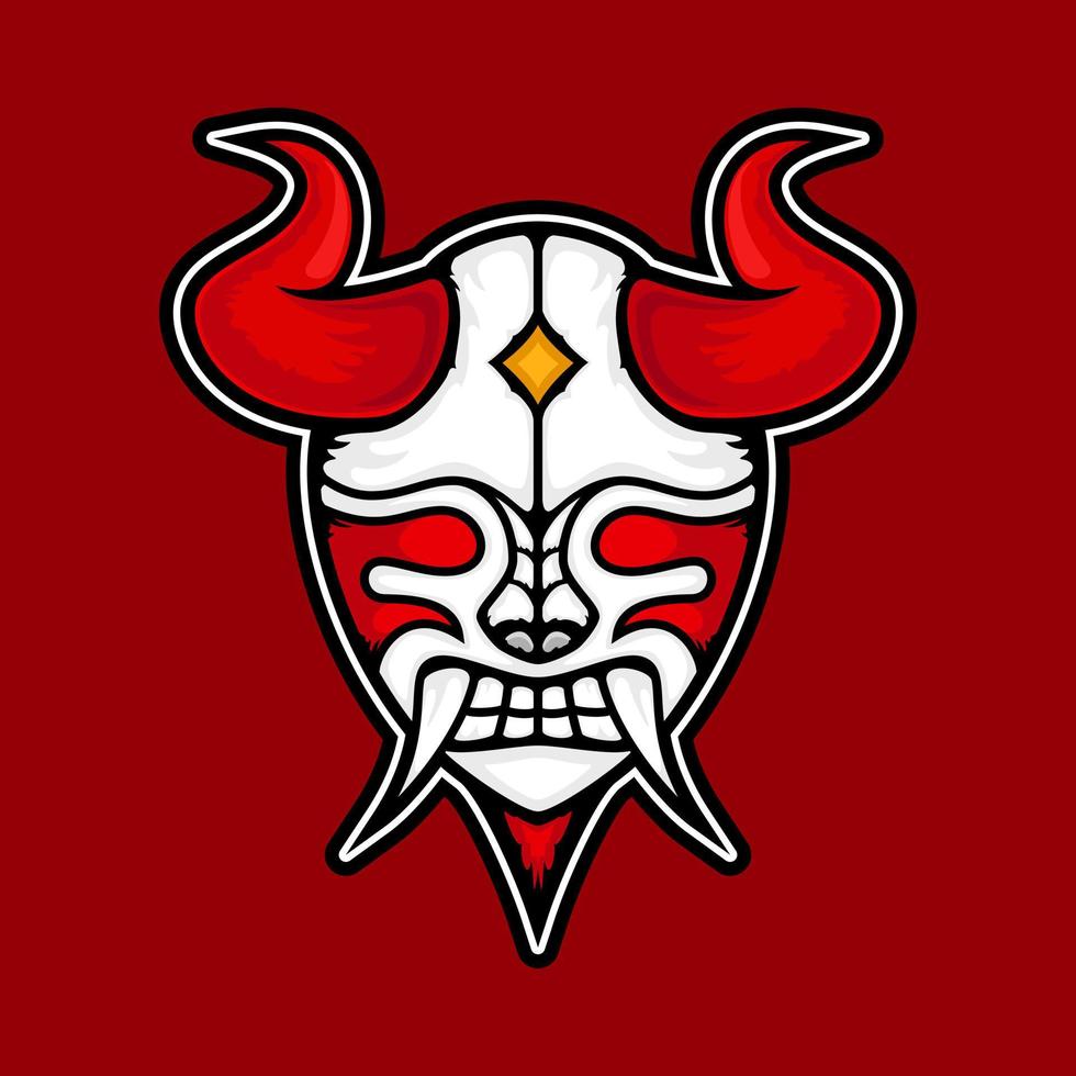 ilustración de una máscara de demonio roja y blanca con cuernos rojos y colmillos blancos. adecuado para el diseño de mascotas, logotipos o camisetas vector