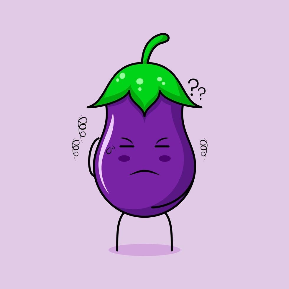 cute eggplant character with thinking expression, one hand on head and close eyes. green and purple. suitable for emoticon, logo, mascot vector