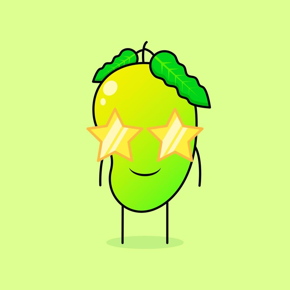 lindo personaje de mango con expresión de sonrisa y anteojos de estrellas. verde y naranja. adecuado para emoticonos, logotipos, mascotas o pegatinas vector