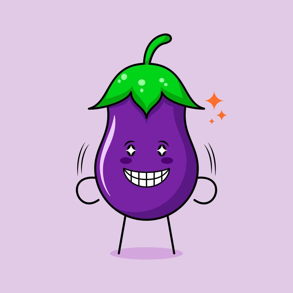 lindo personaje de berenjena con sonrisa y expresión feliz, ojos brillantes y sonriente. verde y morado. adecuado para emoticonos, logotipos, mascotas e iconos vector