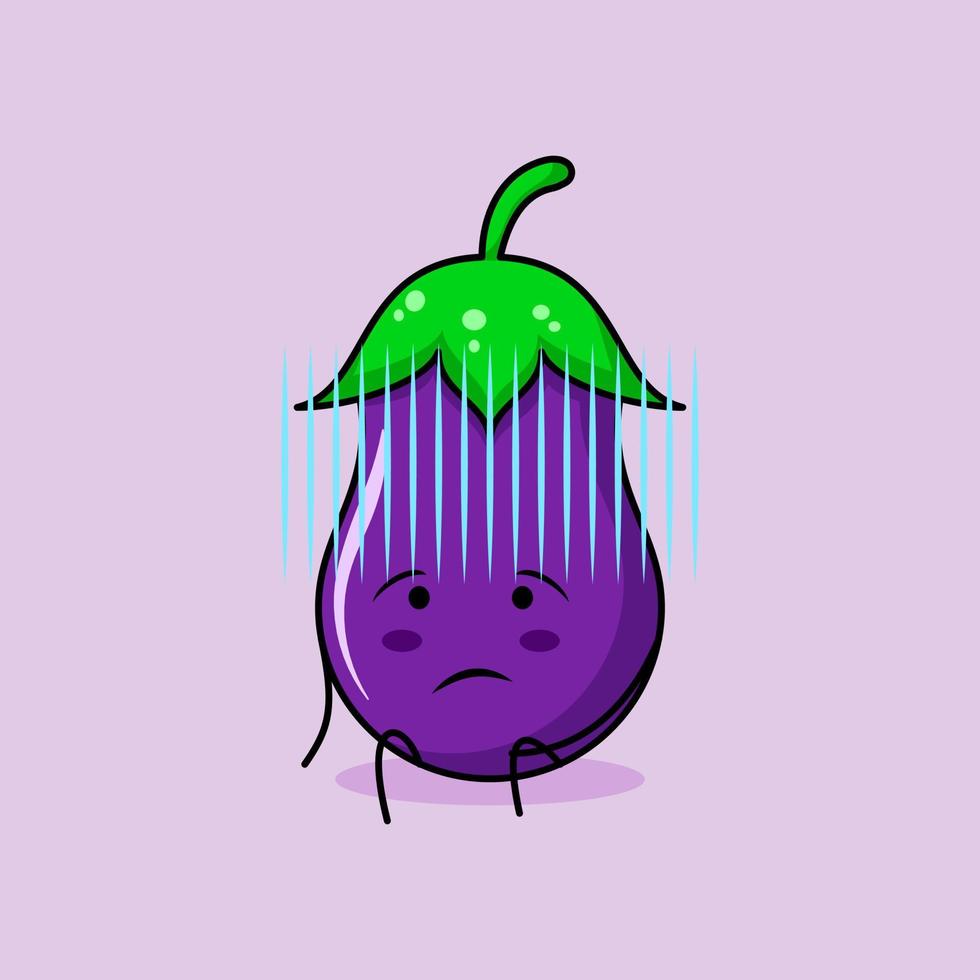 cute eggplant character with hopeless expression and sit down. green and purple. suitable for emoticon, logo, mascot and icon vector