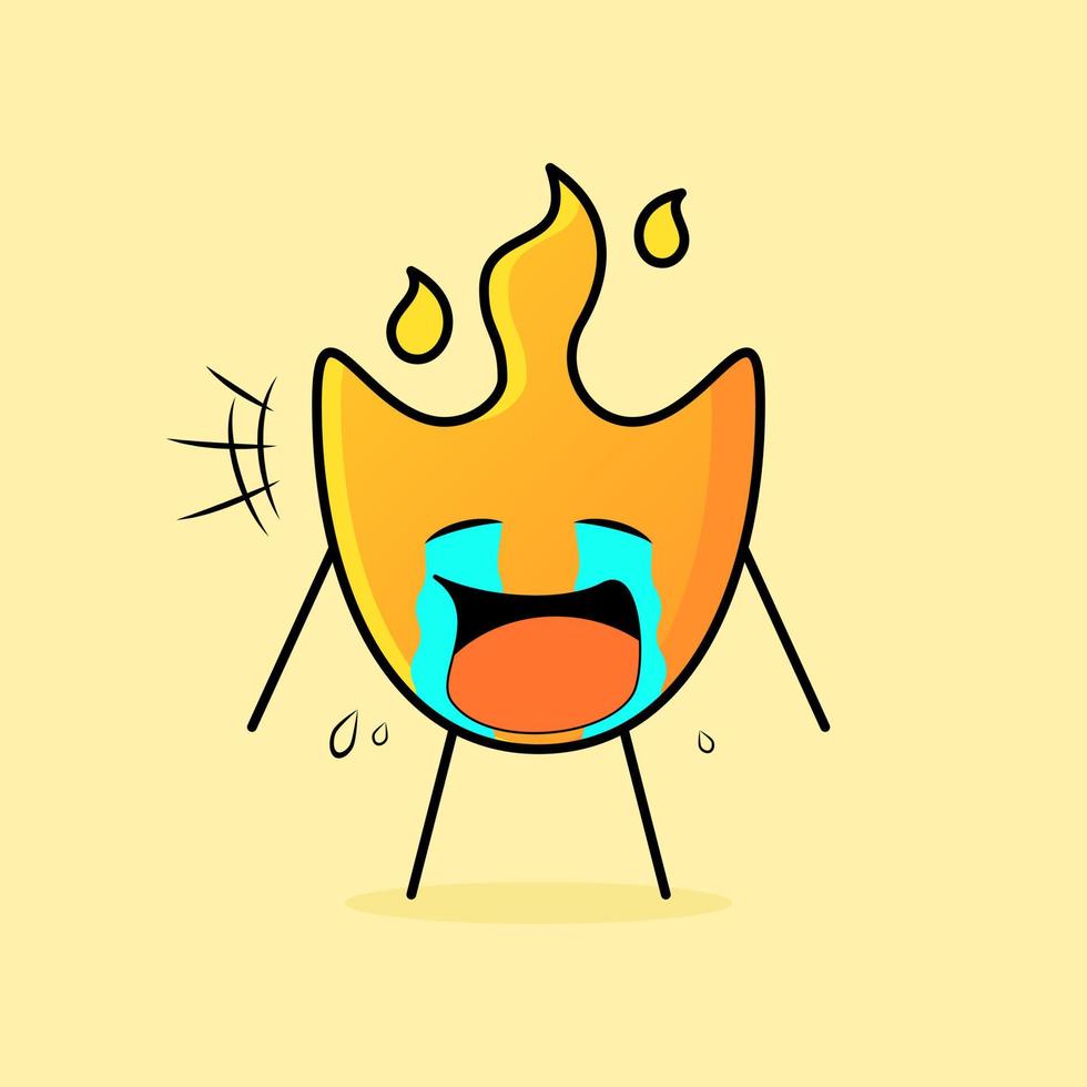 linda caricatura de fuego con expresión de llanto. lágrimas y boca abierta. adecuado para logotipos, iconos, símbolos o mascotas vector