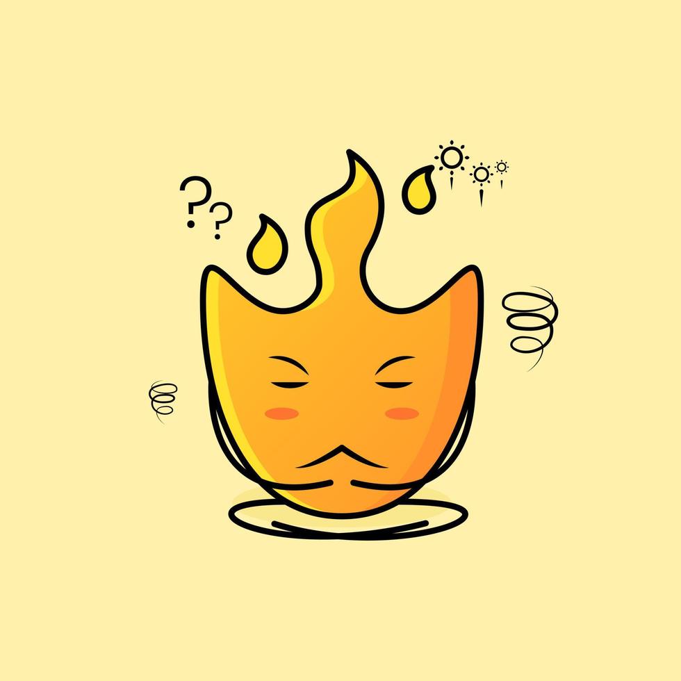 linda caricatura de fuego con expresión de pensamiento. sentarse con las piernas cruzadas y los ojos cerrados. adecuado para logotipos, iconos, símbolos o mascotas vector