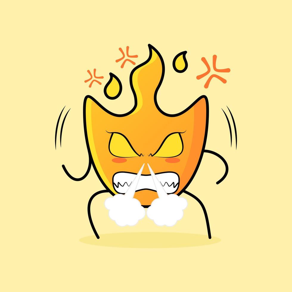 cute fire cartoon with angry expression. nose blowing smoke, eyes bulging and teeth grinning. suitable for logos, icons, symbols or mascots vector