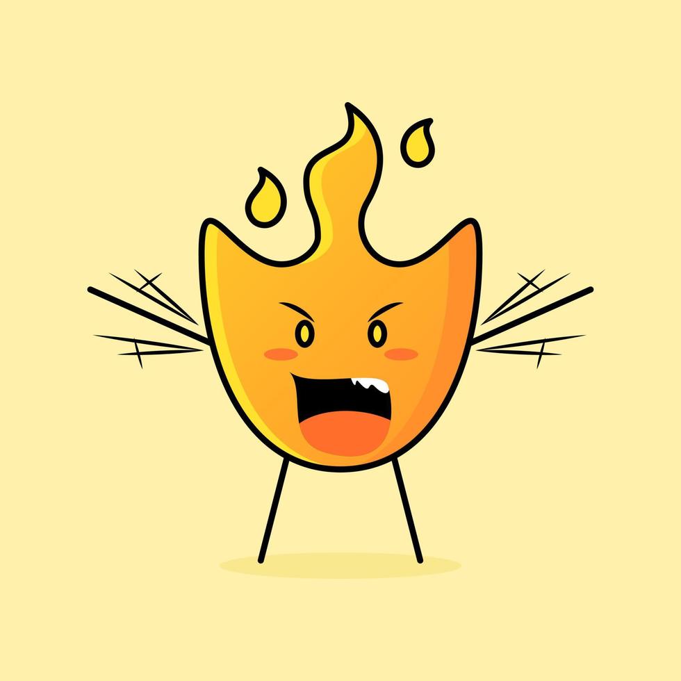 linda caricatura de fuego con expresión enojada. boca abierta y manos temblorosas. adecuado para logotipos, iconos, símbolos o mascotas vector