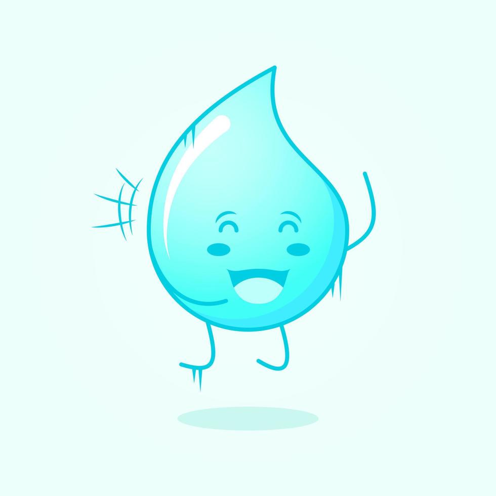 linda caricatura de agua con sonrisa y expresión feliz. saltar, cerrar los ojos y abrir la boca adecuado para emoticono, logotipo, icono, mascota, símbolo y signo. azul y blanco vector