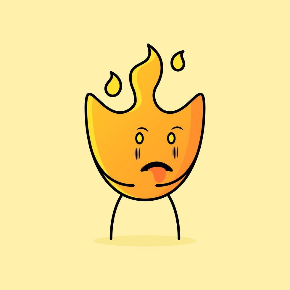 linda caricatura de fuego con expresión repugnante y lengua fuera. adecuado para logotipos, iconos, símbolos o mascotas vector