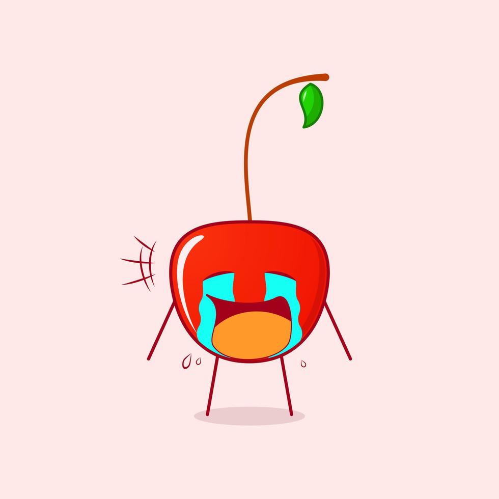 cute cherry cartoon character with crying expression, tears and mouth open. red and green. suitable for emoticon, logo, mascot and symbol vector