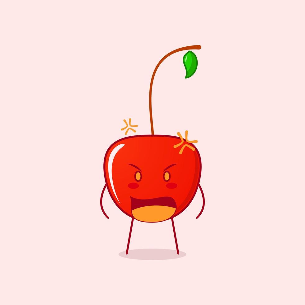 cute cherry cartoon character with angry expression and mouth open. red and green. suitable for logos, icons, symbols or mascots vector