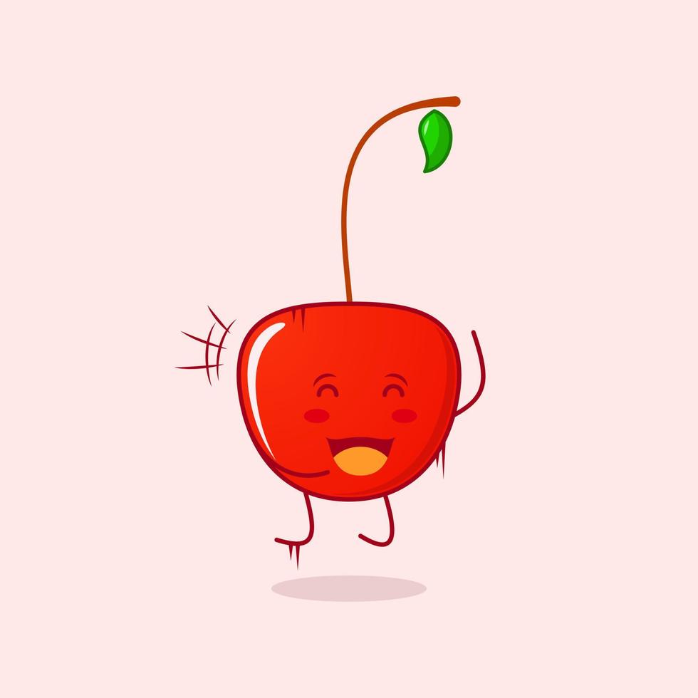 lindo personaje de dibujos animados de cereza con sonrisa y expresión feliz. saltar, cerrar los ojos y abrir la boca adecuado para emoticono, logotipo, icono, mascota, símbolo y signo. rojo y verde vector