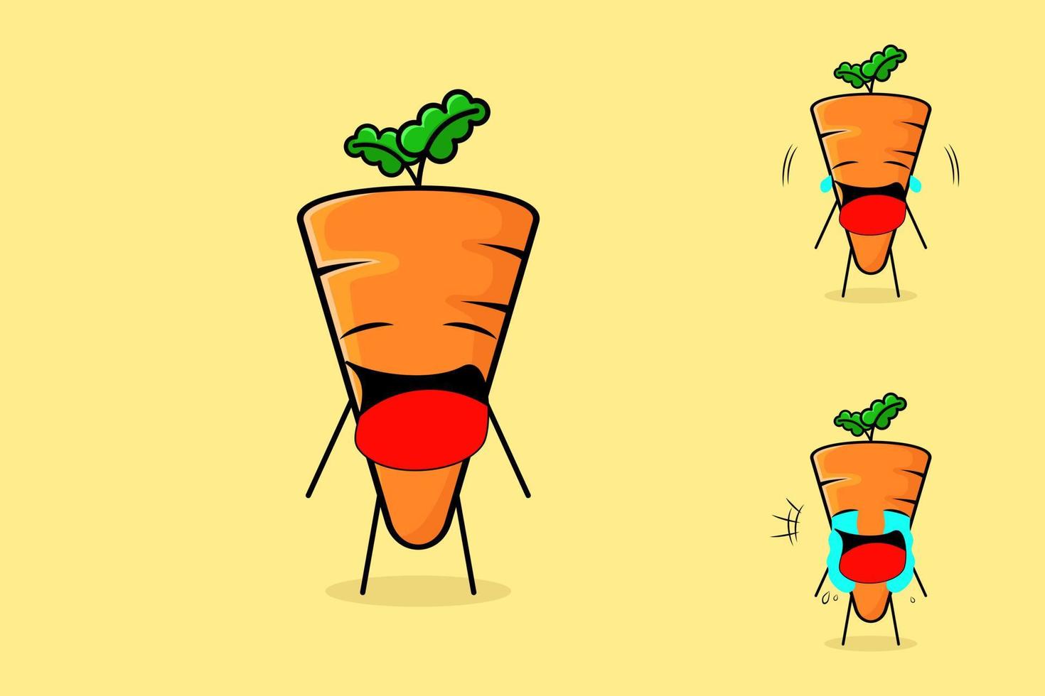 cute carrot character with crying expression and mouth open. green and orange. freshand outline. for logo, icon, mascot and sign vector