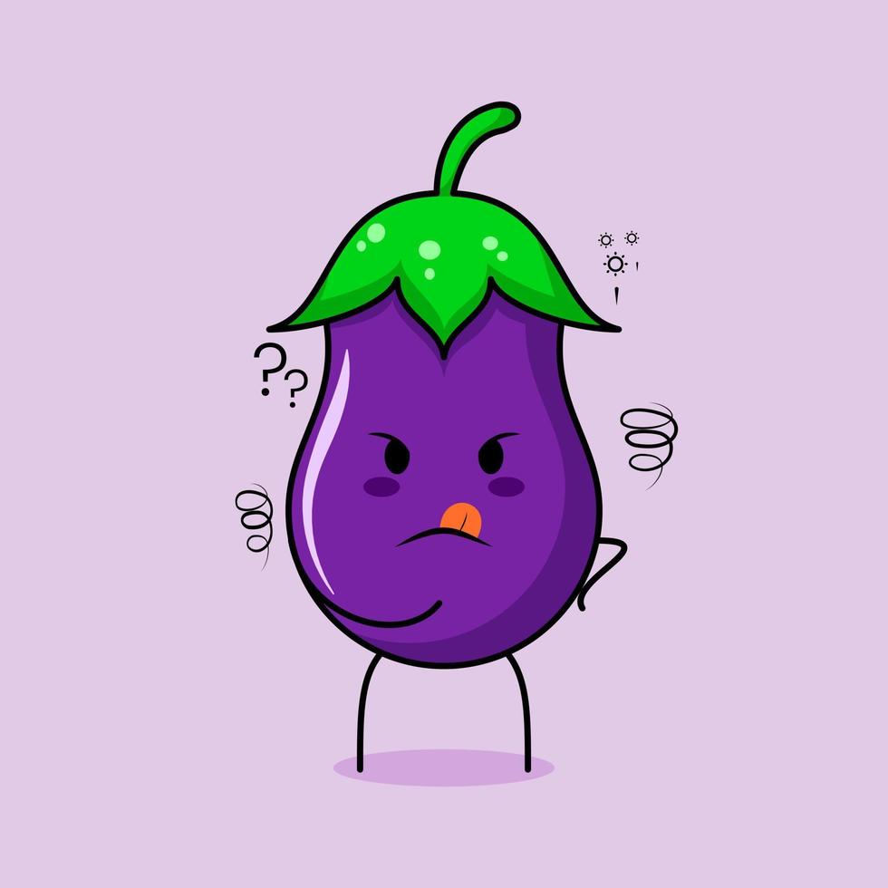 lindo personaje de berenjena con expresión de pensamiento y mano colocada en la barbilla. verde y morado. adecuado para emoticonos, logotipos, mascotas vector