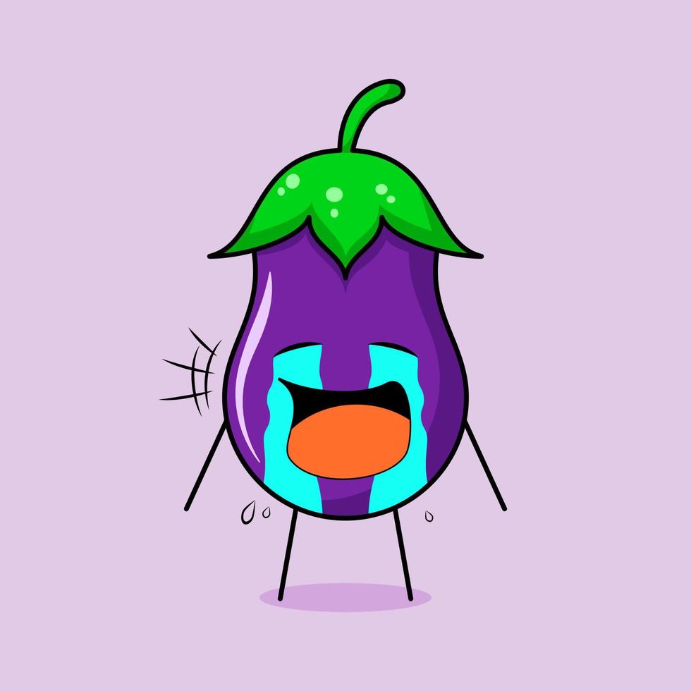 cute eggplant character with crying expression, tears and mouth open. green and purple. suitable for emoticon, logo, mascot vector