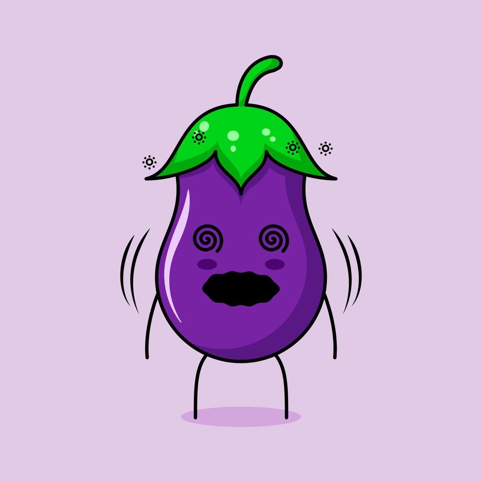 cute eggplant character with dizzy expression and rolling eyes. green and purple. suitable for emoticon, logo, mascot and icon vector