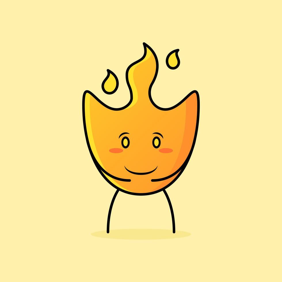 linda caricatura de fuego con ambas manos en el estómago, sonrisa y expresión feliz. adecuado para logotipos, iconos, símbolos o mascotas vector