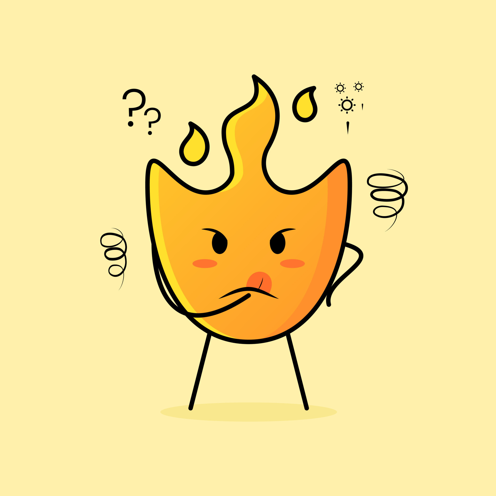 cute fire cartoon with thinking expression. hand on chin and tongue  sticking out. suitable for logos, icons, symbols or mascots 8891242 Vector  Art at Vecteezy