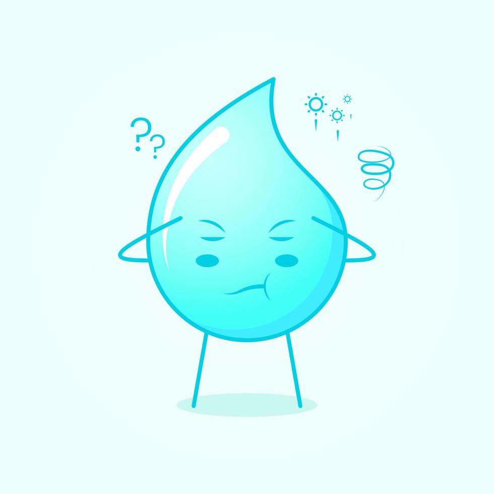 cute water cartoon with thinking expression, close eyes and two hands on head. blue and white. suitable for emoticon, logo, mascot and symbol vector