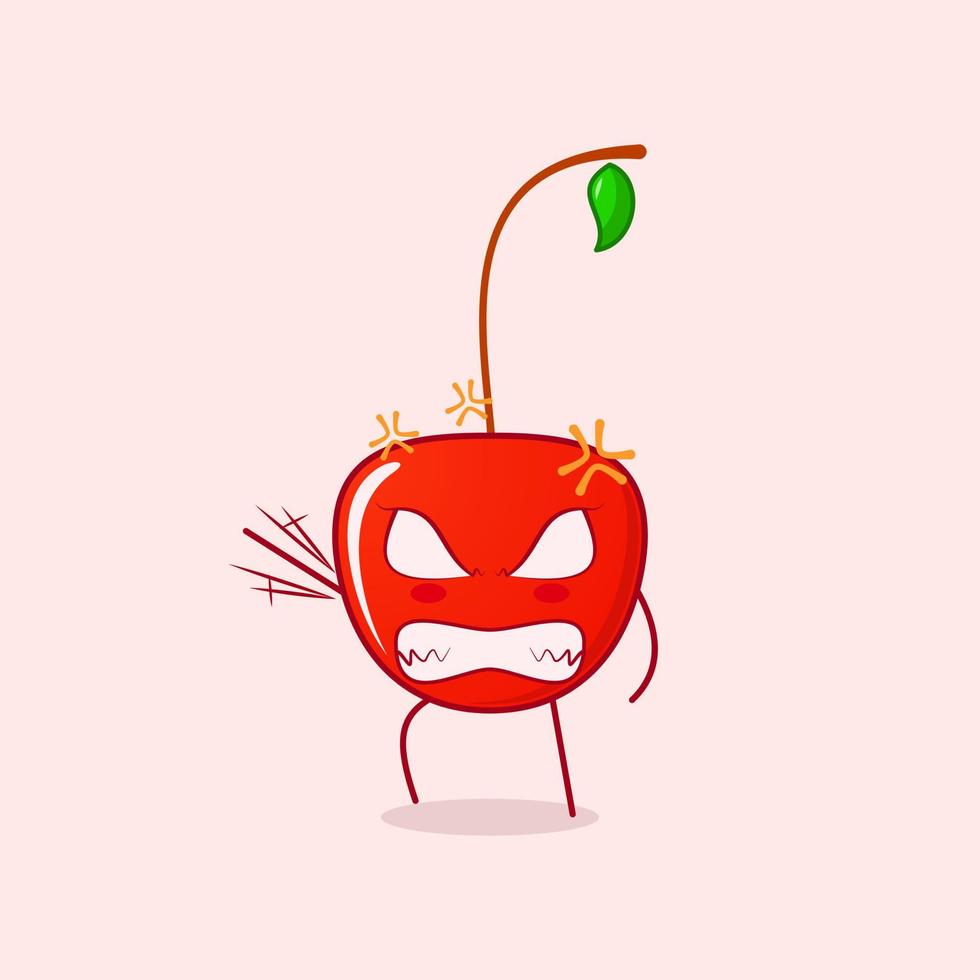 lindo personaje de dibujos animados de cereza con expresión muy enojada. temblor de manos, ojos saltones y sonrisa de dientes. rojo y verde. adecuado para logotipos, iconos, símbolos o mascotas vector