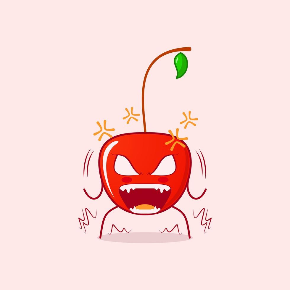 lindo personaje de dibujos animados de cereza con expresión muy enojada. boca abierta y ojos saltones. rojo y verde. adecuado para logotipos, iconos, símbolos o mascotas vector