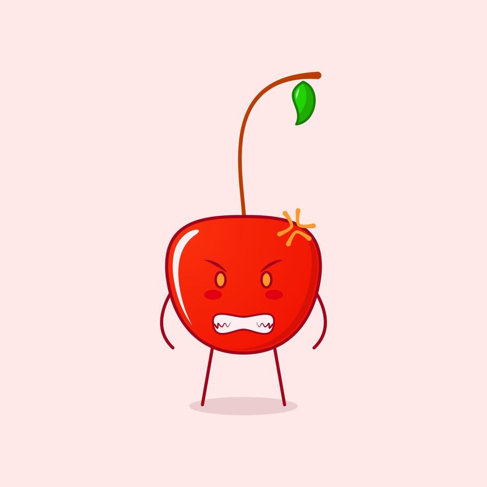 lindo personaje de dibujos animados de cereza con expresión enojada y dientes sonrientes. rojo y verde. adecuado para logotipos, iconos, símbolos o mascotas vector