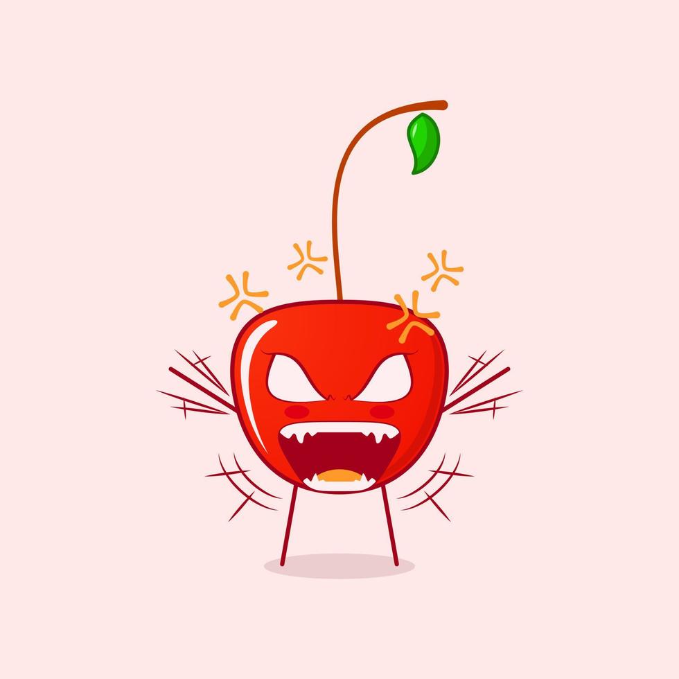 cute cherry cartoon character with very angry expression. hands shaking, mouth open and eyes bulging. red and green. suitable for logos, icons, symbols or mascots vector