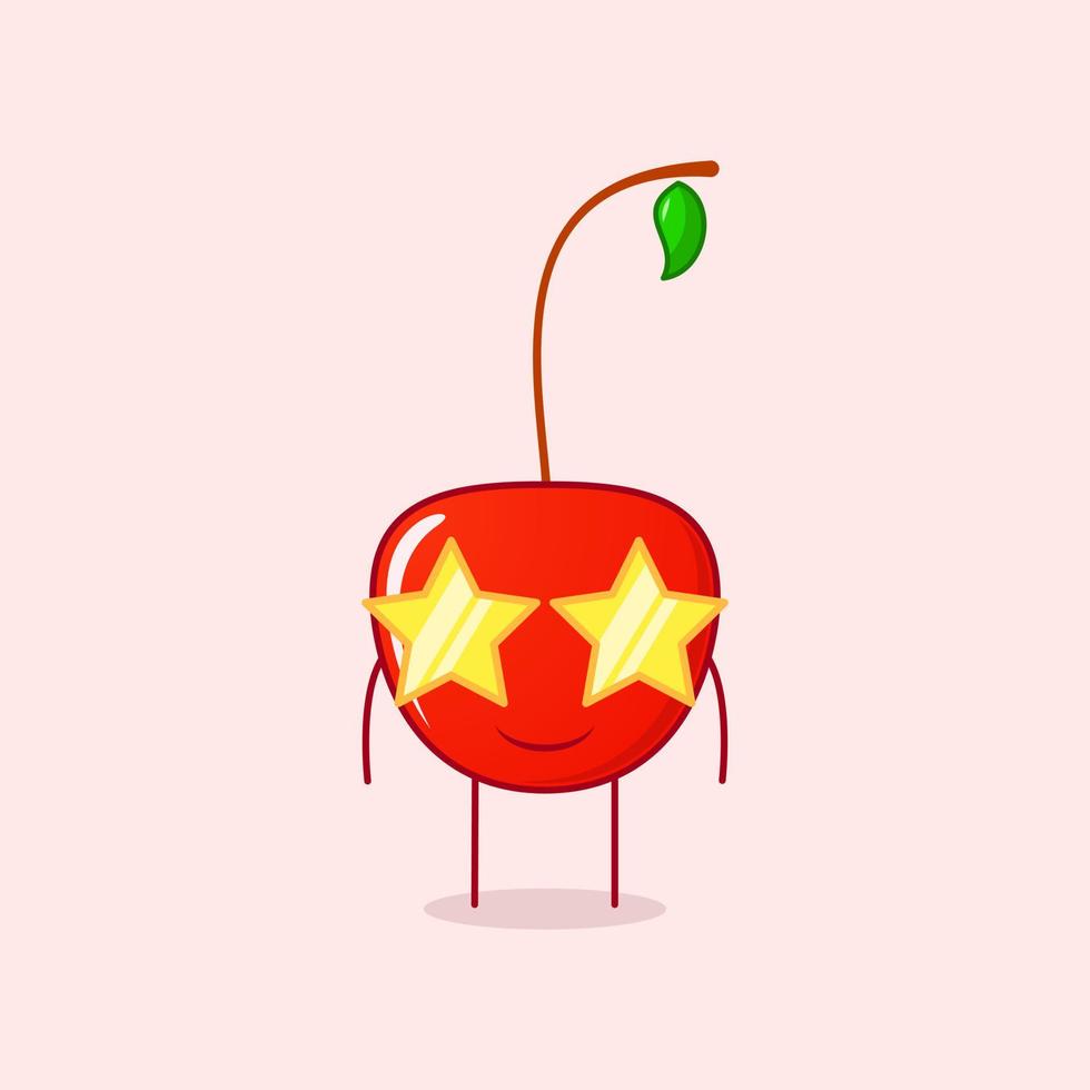 cute cherry cartoon character with smile expression and stars eyeglasses. green and red. suitable for emoticon, logo, mascot or sticker vector