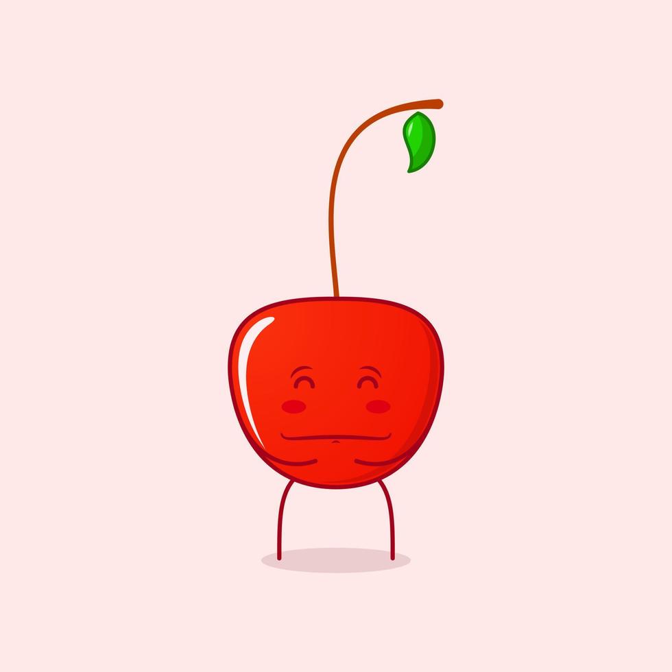 cute cherry cartoon character with happy expression. close eyes, both hands on stomach and smiling. suitable for logos, icons, symbols or mascots. red and green vector