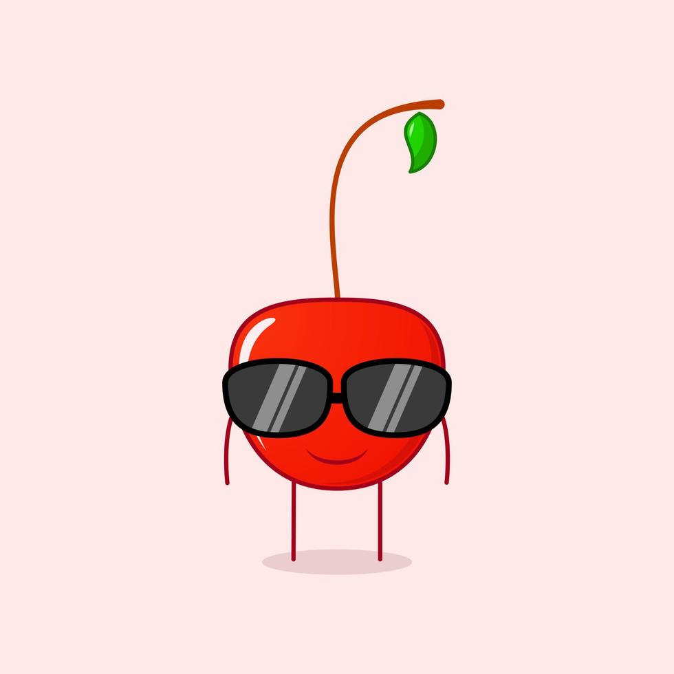 lindo personaje de dibujos animados de cereza con expresión de sonrisa y anteojos negros. verde y rojo. adecuado para emoticonos, logotipos, mascotas o pegatinas vector