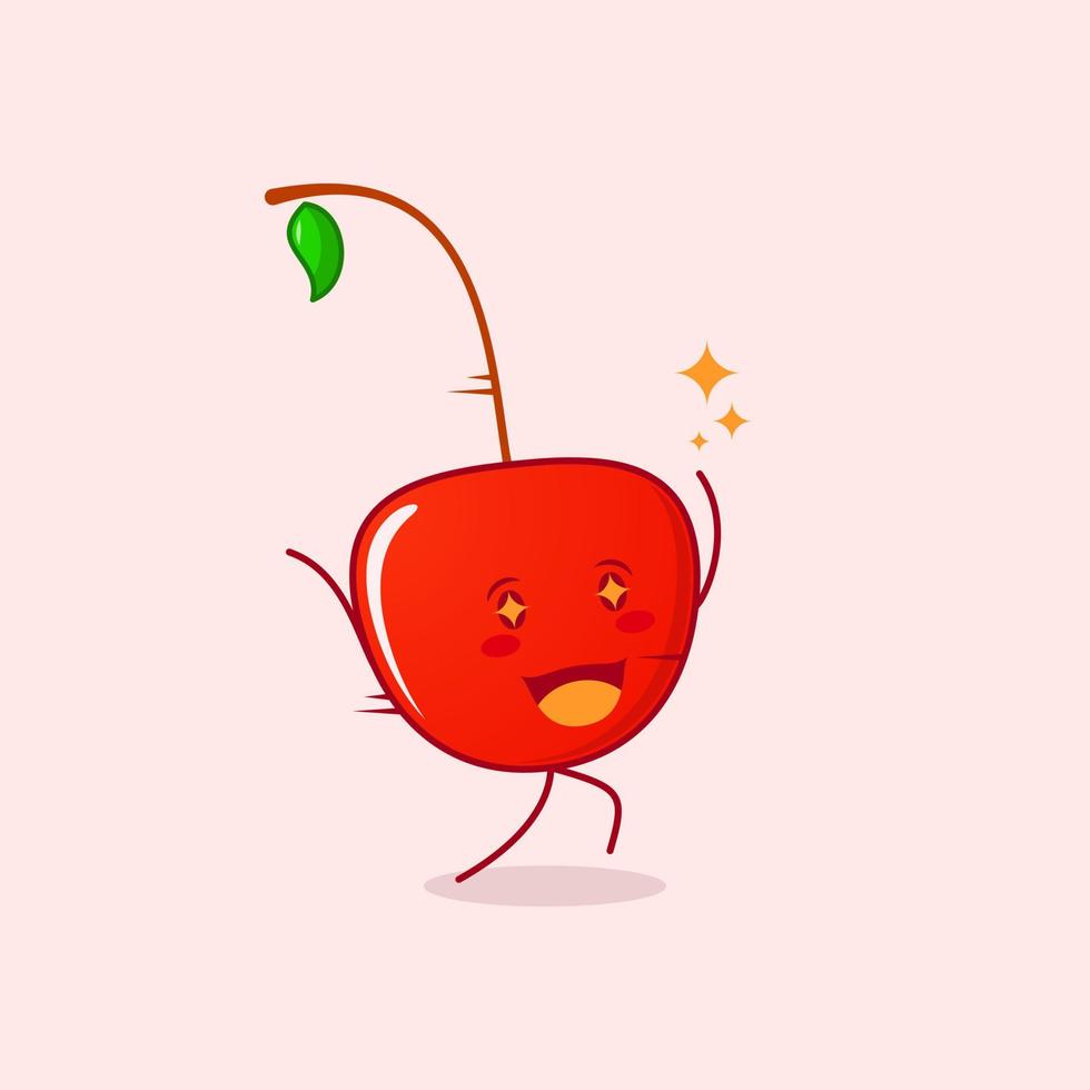 lindo personaje de dibujos animados de cereza con expresión feliz. correr, dos manos arriba y ojos chispeantes. adecuado para logotipos, iconos, símbolos o mascotas. rojo y verde vector