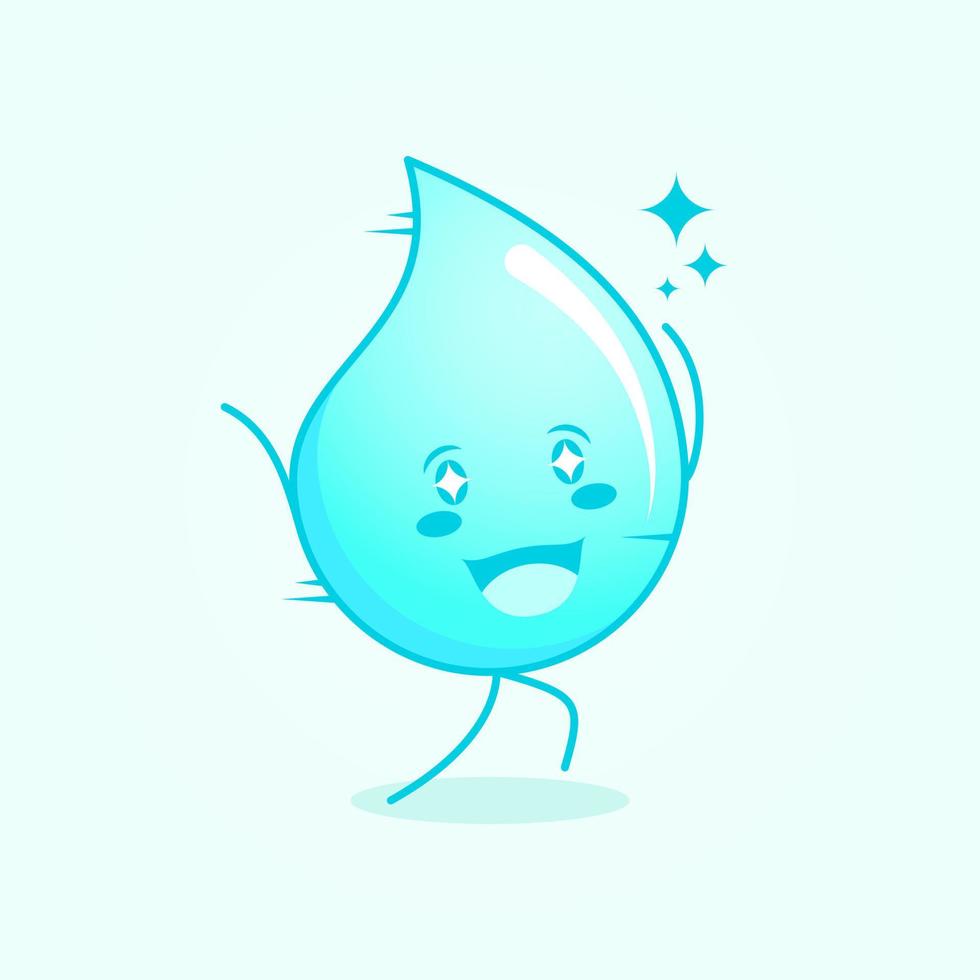 cute water cartoon with happy expression. run, two hands up and sparkling eyes. suitable for logos, icons, symbols or mascots. blue and white vector