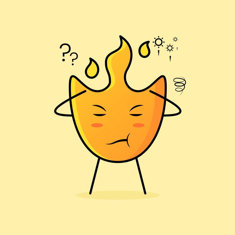 cute fire cartoon with thinking expression and both hands above head. suitable for logos, icons, symbols or mascots vector