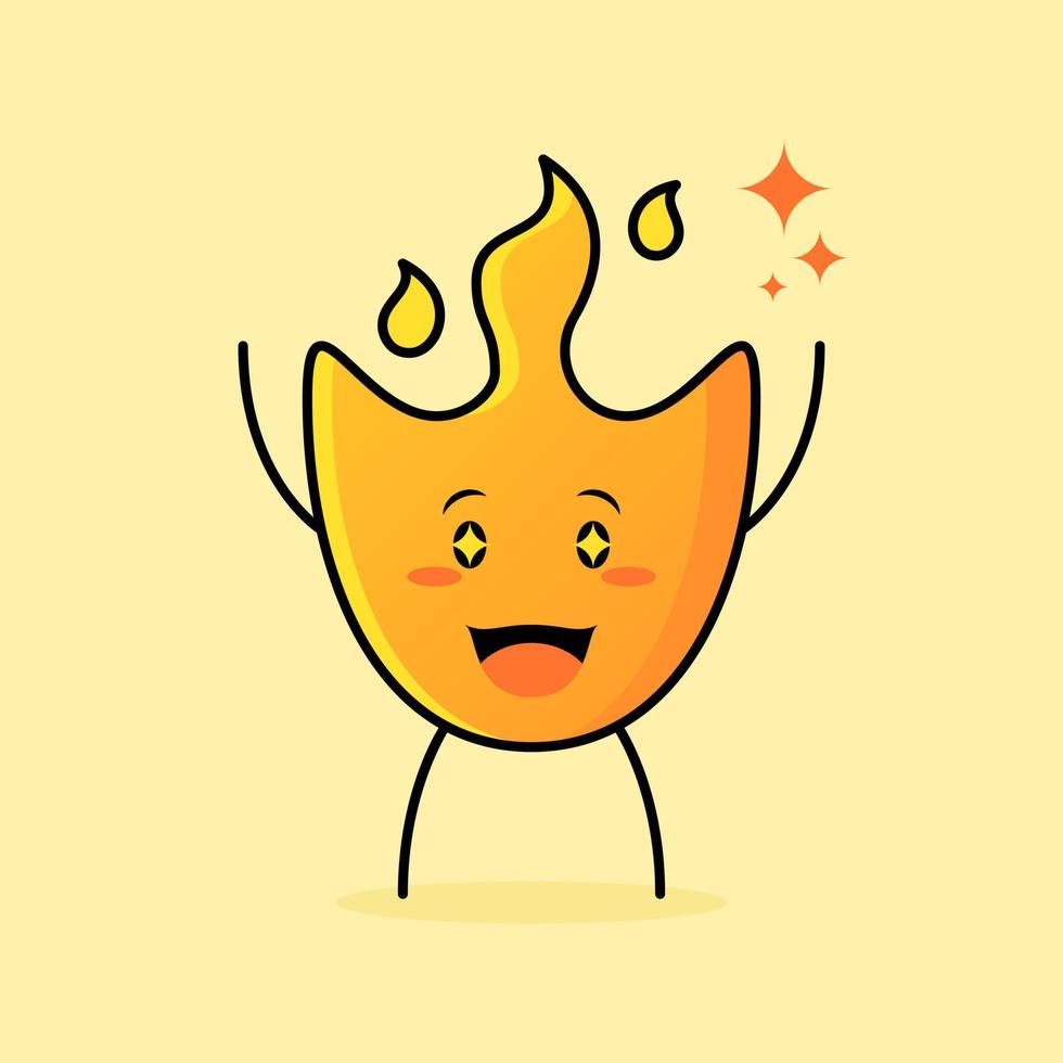 linda caricatura de fuego con expresión feliz. dos manos arriba, boca abierta y ojos chispeantes. adecuado para logotipos, iconos, símbolos o mascotas vector