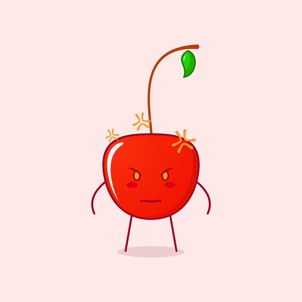 cute cherry cartoon character angry expression. red and green. stand and stare. suitable for logos, icons, symbols or mascots vector