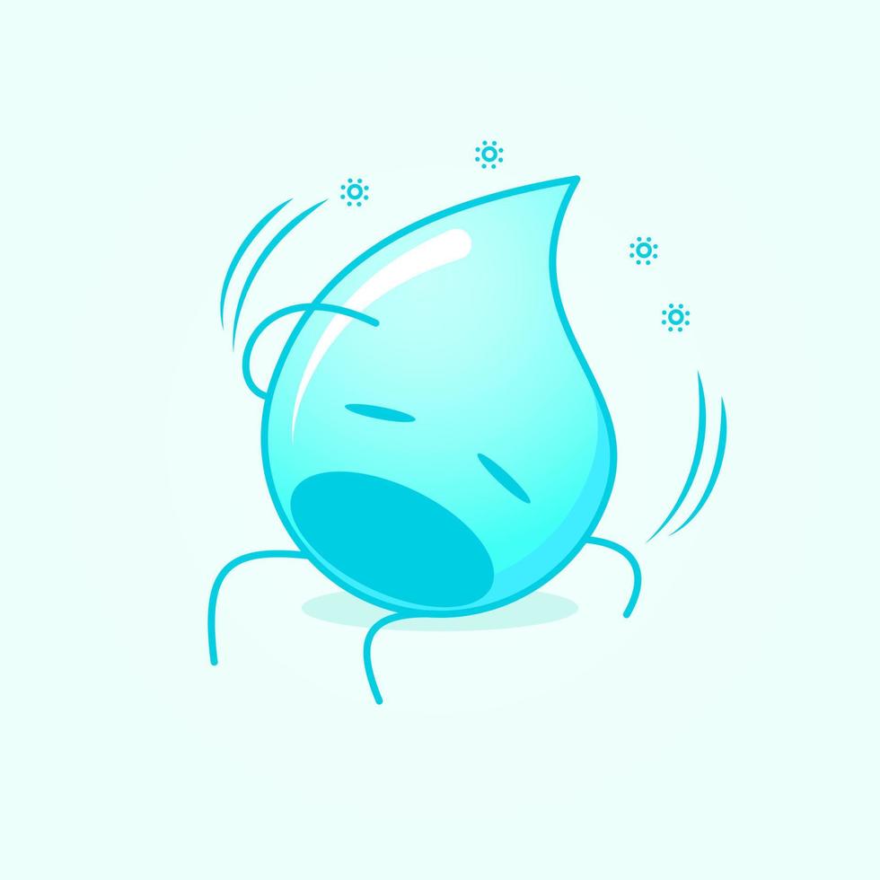 cute water cartoon with dizzy expression, mouth open, sit down and one hand on head. suitable for emoticon, logo, mascot and icon. blue and white vector