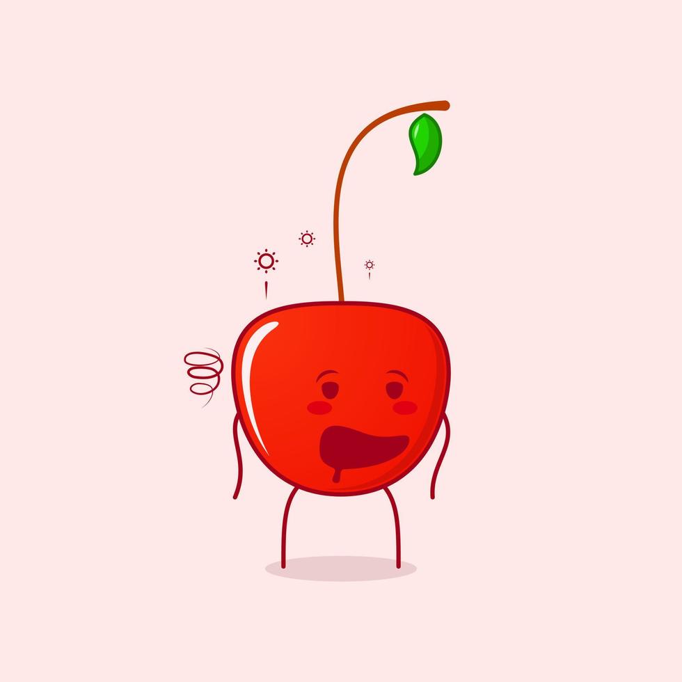 lindo personaje de dibujos animados de cereza con expresión borracha y boca abierta. verde y rojo. adecuado para emoticonos, logotipos, mascotas e iconos vector