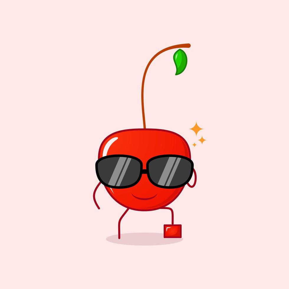 lindo personaje de dibujos animados de cereza con expresión de sonrisa, anteojos negros, una pierna levantada y una mano sosteniendo anteojos. verde y rojo. adecuado para emoticonos, logotipos, mascotas o pegatinas vector