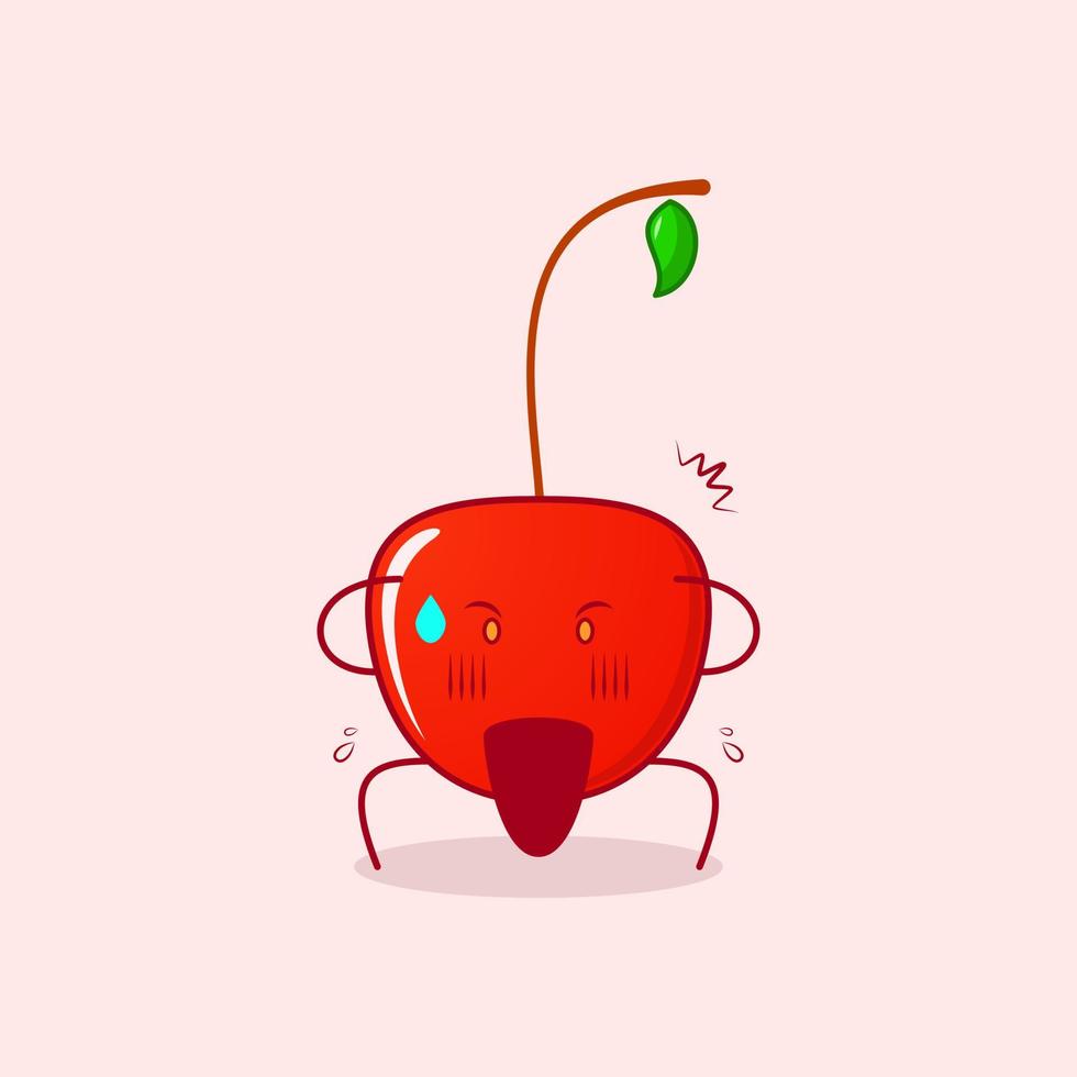 lindo personaje de dibujos animados de cereza con expresión de asombro, dos manos en la cabeza y la boca abierta. verde y rojo. adecuado para emoticonos, logotipos, mascotas o pegatinas vector