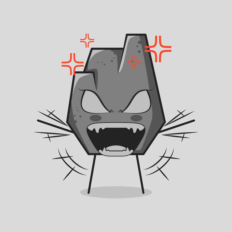 cute stone cartoon with very angry expression. hands shaking, mouth open and eyes bulging. grey. suitable for logos, icons, symbols or mascots vector