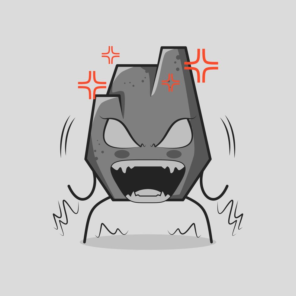 cute stone cartoon with very angry expression. mouth open and eyes bulging. grey. suitable for logos, icons, symbols or mascots vector