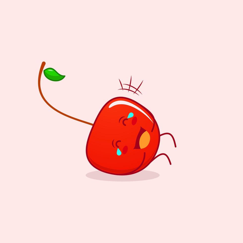 lindo personaje de dibujos animados de cereza con expresión feliz. acostarse, cerrar los ojos y las lágrimas. adecuado para logotipos, iconos, símbolos o mascotas. rojo y verde vector